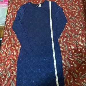 Cocktail Dress Navy Blue Sparkly w/cutout back long sleeves stretchy Divided 10